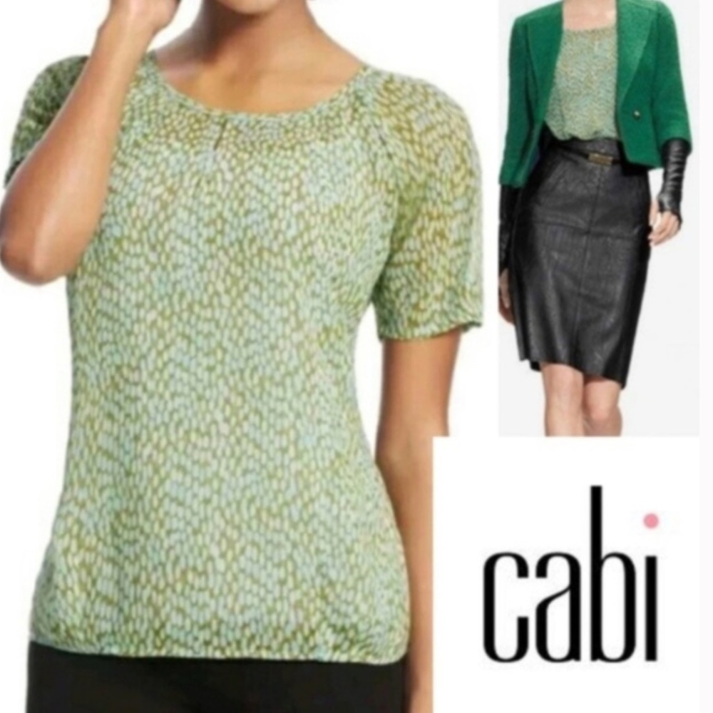 CAbi Green Tan Pebble sheer Short Sleeve Blouse SZ Medium